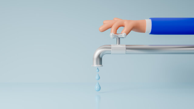 3d hand opens or closes a water tap, concept of eco and world water day,  save water icon, care for saving resources, saving water and world  environmental protection concept, ecology, 3d rendering