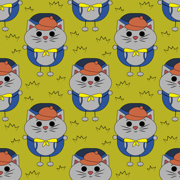 Seamless pattern with cute cartoon Cat tourist