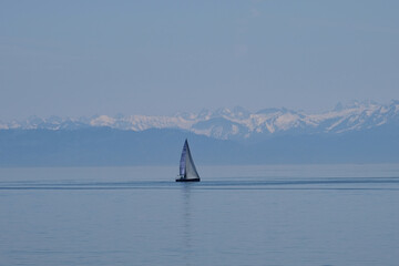 Segelboot auf dem Bodensee vor den Alpen