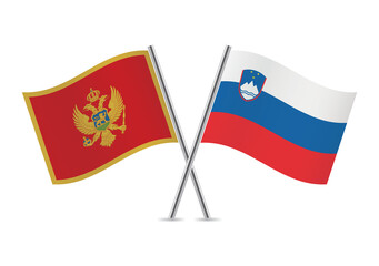 Montenegro and Slovenia crossed flags. Montenegrin and Slovenian flags, isolated on white background. Vector icon set. Vector illustration.