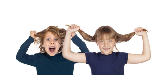 Two excited children pulling their hair out