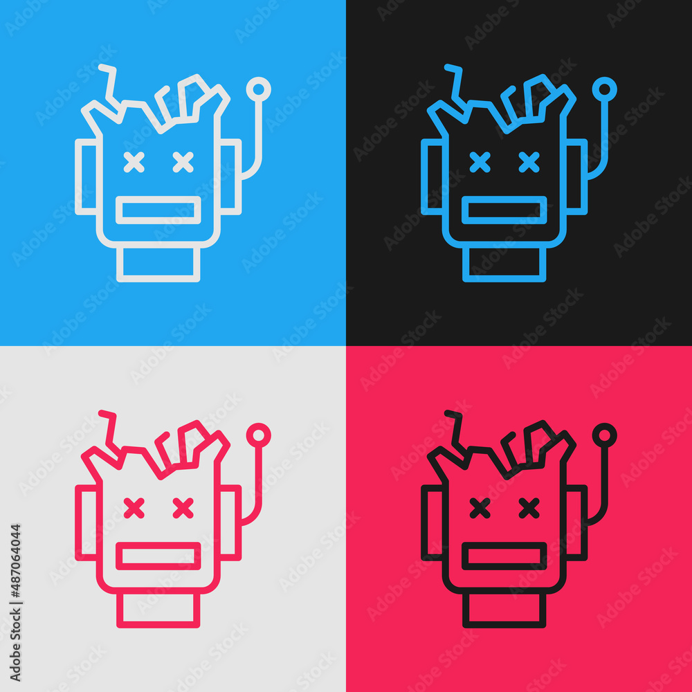 Poster pop art line broken robot icon isolated on color background. artificial intelligence, machine learni