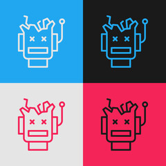 Fototapeta premium Pop art line Broken robot icon isolated on color background. Artificial intelligence, machine learning, cloud computing. Vector