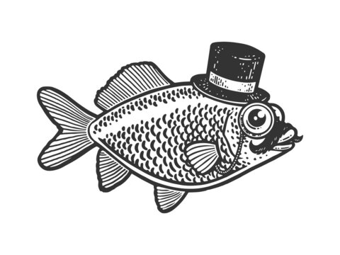 Gentleman fish with mustache top hat and glasses sketch engraving raster illustration. T-shirt apparel print design. Scratch board imitation. Black and white hand drawn image.