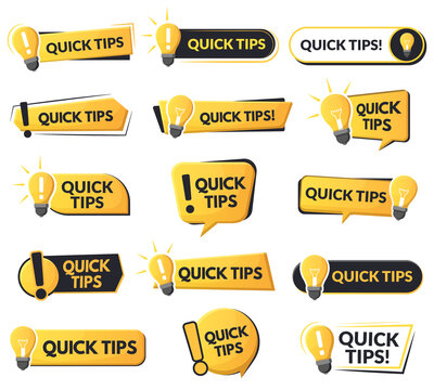 Quick tips helpful emblems, problem solution or advice speech bubbles. Tricks and helpful suggestions abstract vector symbols set. Quick tips trick logos