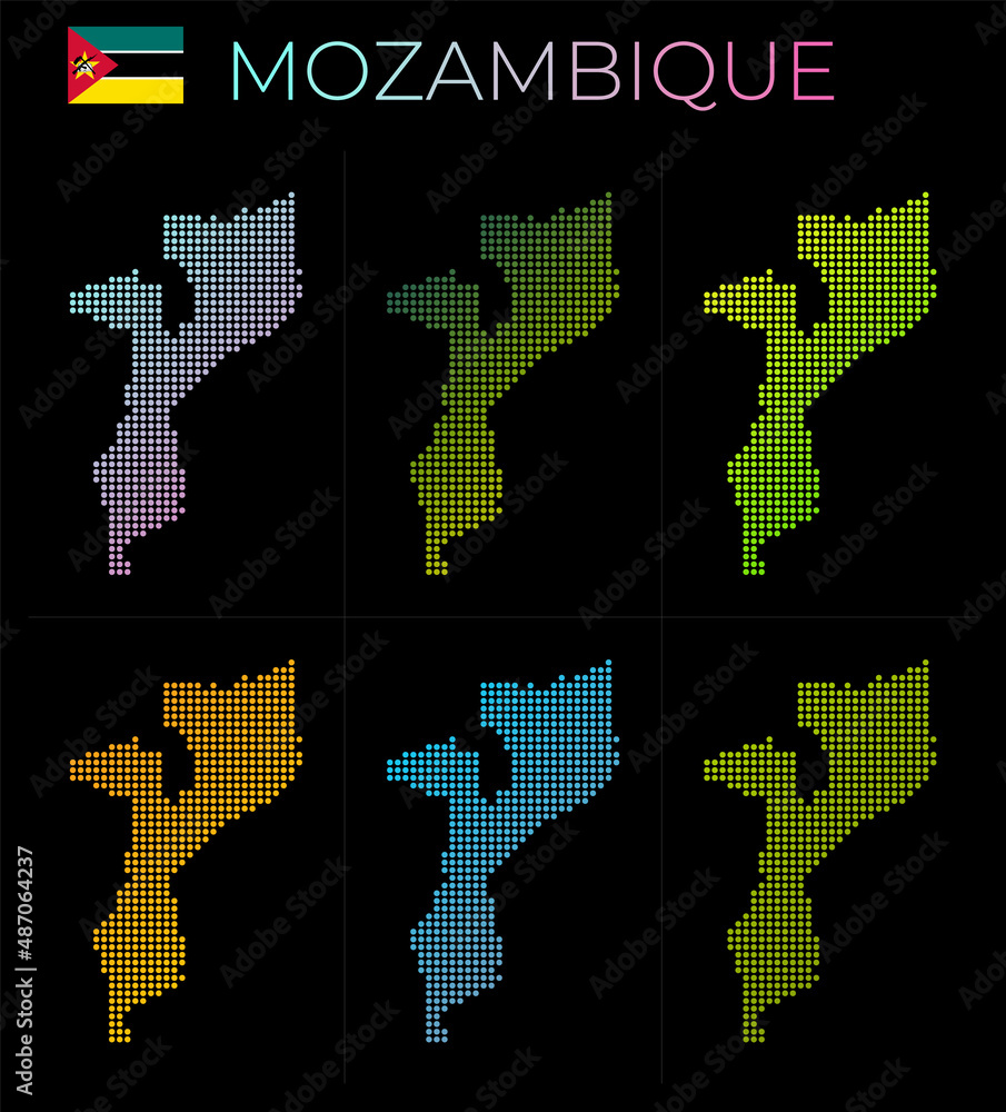 Poster mozambique dotted map set. map of mozambique in a dotted style. borders of the country filled with b