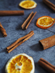 cinnamon sticks and dried orange, spicy set for mulled wine
