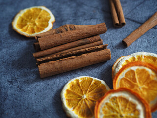 cinnamon sticks and dried orange, spicy set for mulled wine