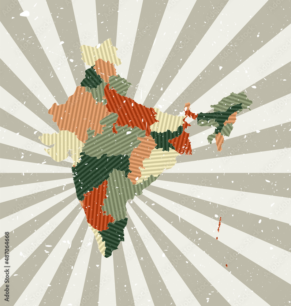 Poster india vintage map. grunge poster with a map of the country in a retro color palette. the shape of in