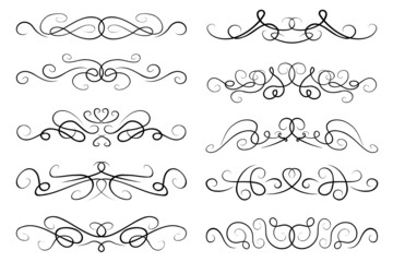 abstract text dividers. Collection of paragraph separating designs. Black ornate swirly borders, curvy lines, elegant text dividers set - obrazy, fototapety, plakaty