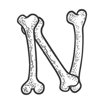 letter N made of bones sketch engraving raster illustration. Bones font. T-shirt apparel print design. Scratch board imitation. Black and white hand drawn image.