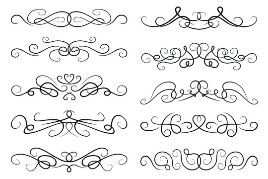 Vector text dividers. Collection of paragraph separating designs. Black ornate swirly borders, curvy lines, elegant text dividers set