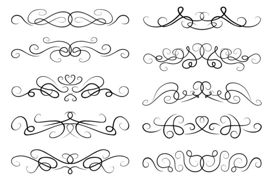 abstract text dividers. Collection of paragraph separating designs. Black ornate swirly borders, curvy lines, elegant text dividers set