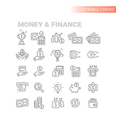 Money, dollar financial thin line vector set. Coin, money stack, wallet, banknote outlined icons.