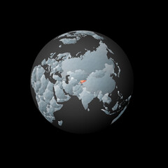 Low poly globe centered to Kyrgyzstan. Red polygonal country on the globe. Satellite view of Kyrgyzstan. Stylish vector illustration.