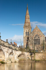 English Bridge in Shrewsbury, Shropshire, UK with the United Reformed Church in the Background