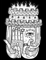 Scary Fantasy Witch face or portrait line art illustration with mystic, esoteric and occut symbols, old medieval style, with tower as hat, Halloween concept