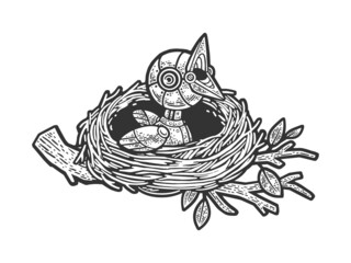 mechanical chick bird in the nest sketch engraving raster illustration. T-shirt apparel print design. Scratch board imitation. Black and white hand drawn image.