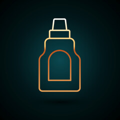 Gold line Plastic bottle for laundry detergent, bleach, dishwashing liquid or another cleaning agent icon isolated on dark blue background. Vector