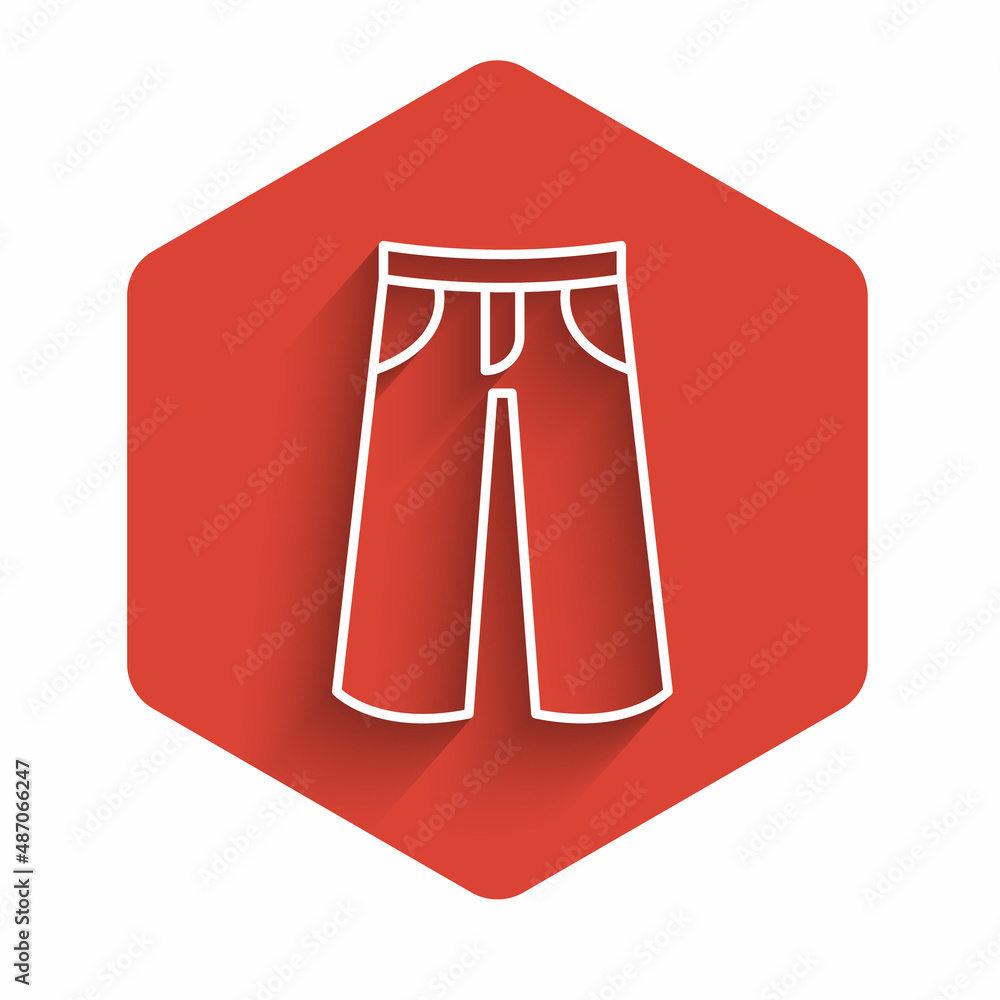 Poster white line pants icon isolated with long shadow background. trousers sign. red hexagon button. vecto