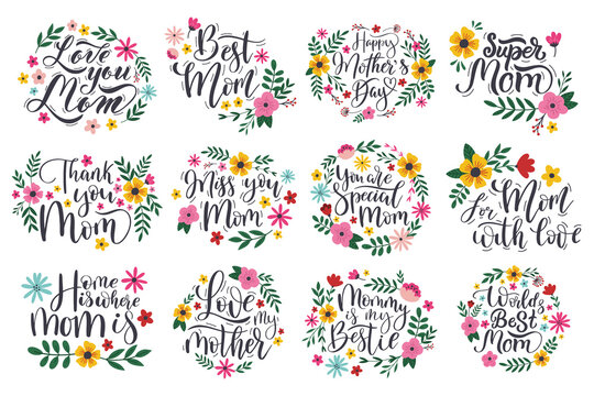 Mothers day lettering quotes, greeting cards elements. Happy Mothers day calligraphy lettering phrases vector illustration set. Hand drawn mothers day symbols