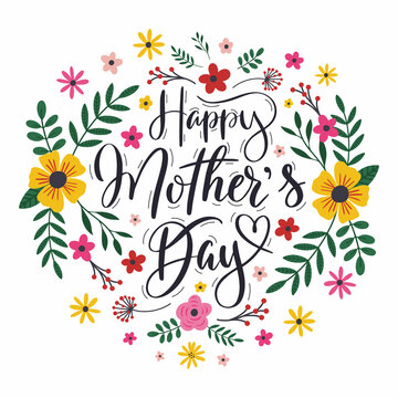 Happy mothers day handwritten lettering greeting card. Hand drawn greeting card with leaves and flowers vector illustration set. Happy Mothers day poster