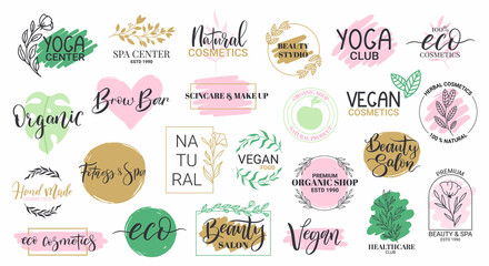 Organic beauty, spa and yoga center labels. Hand drawn emblems for yoga and health care vector illustration set. Healthy lifestyle shops badges