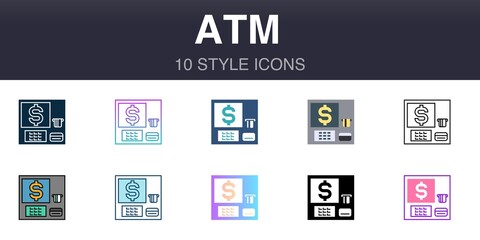 Fototapeta na wymiar ATM 10 style universal icons, line, outline, simple, flat, filled, two coloured, gradient elements