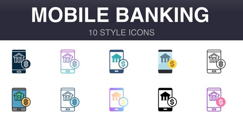 Mobile banking 10 style universal icons, line, outline, simple, flat, filled, two coloured, gradient elements