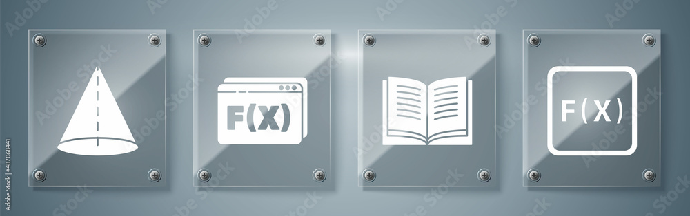 Poster set function mathematical symbol, open book, function mathematical symbol and geometric figure cone.