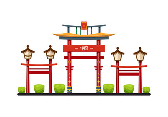 Facade of chinese entrance or wooden gate, vector