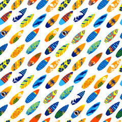 Seamless surfboards with sharks, flowers, leaves, palms, sun and sea. Bright prints for summer clothes.
