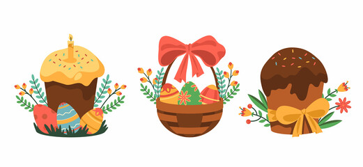 Easter cake, basket with eggs, icon set