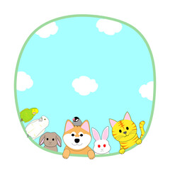 A round frame of various animals and birds with blue sky