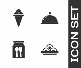 Set Asian noodles in bowl, Ice cream waffle cone, Online ordering and delivery and Covered with tray icon. Vector