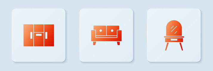 Set Sofa, Wardrobe and Dressing table. White square button. Vector