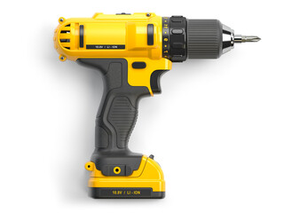 Yellow electric screwdriver drill  on white isolated background. - obrazy, fototapety, plakaty
