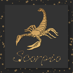 Gold zodiac Scorpio horoscope sign on dark square background. Modern magic witchcraft card with astrology zodiac sign. Zodiac characteristic. Vector illustration