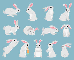 Cartoon white rabbit, cute spring bunny animals. Easter holiday sleeping, jumping and sitting white bunny vector illustration set. White spring hare