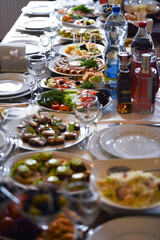 Food on the table. Dishes. Wedding table. Serving.