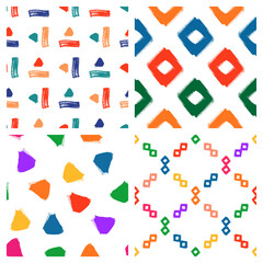 Colorful set of seamless patterns with hand drawn shapes, elements. Abstract vector designs in simple doodle style. Cute modern repeating wallpapers.	