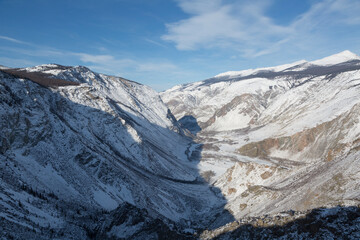 Mountain landscape. Katu-Yaryk pass in winter. Altai. Russia