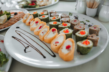 Food on the table. Dishes. Wedding table. Serving.