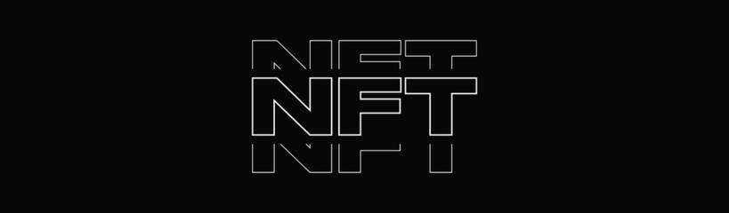 NFT Typographic Banner. 'NFT' Non Fungible Token Modern Linear Typography Text Illustration Isolated on Black Background Web Banner