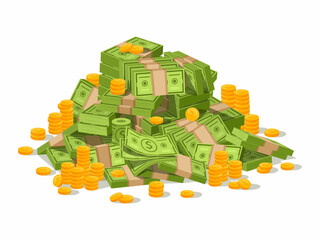 Cartoon money cash pile, dollar bill stack. Pile of green bills, stacks of banknotes vector illustration. Huge pile of golden coins and cash