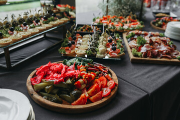 Food on the table. Dishes. Wedding table. Serving.