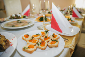 Food on the table. Dishes. Wedding table. Serving.