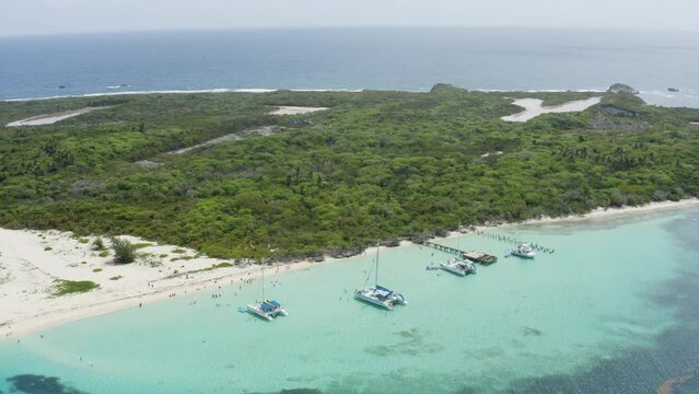 AERIAL - Turquoise waters and beaches, Cayo Icacos, Puerto Rico, high angle truck right