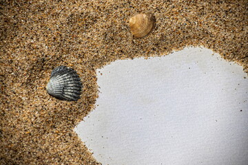 Summer style with empty blank paper card on a sea sand. summer card background for add text