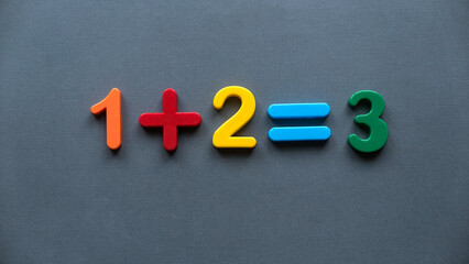 One plus two equal to three. Colorful numbers on a grey background.